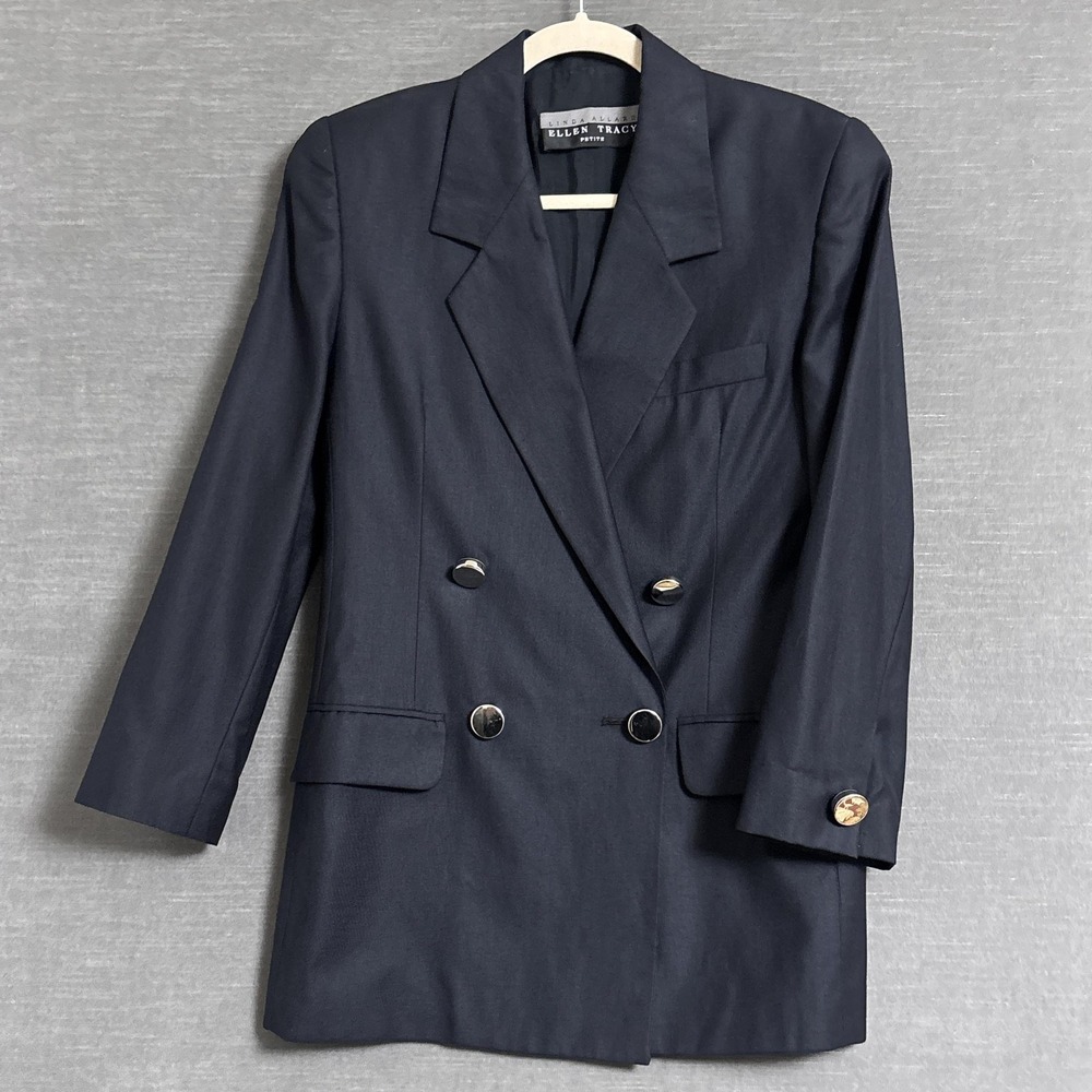 Vtg Ellen Tracy Blazer 6 Petite Navy Wool Linen Double Breasted‎ Jacket Nautical